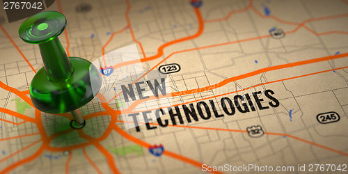 Image of New Technologies - Green Pushpin on a Map Background.