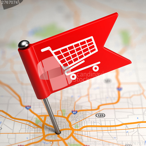 Image of Shopping Concept - Small Flag on a Map Background.