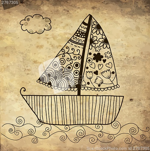 Image of Boat floating on the sea background on grunge paper