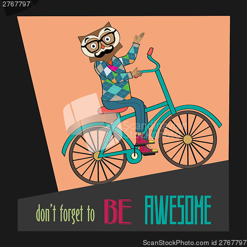 Image of Hipster poster with nerd owl riding bike