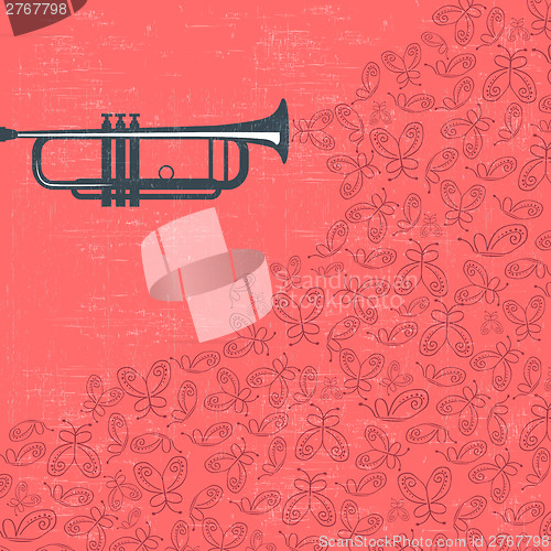 Image of Music background with trumpet and butterflies
