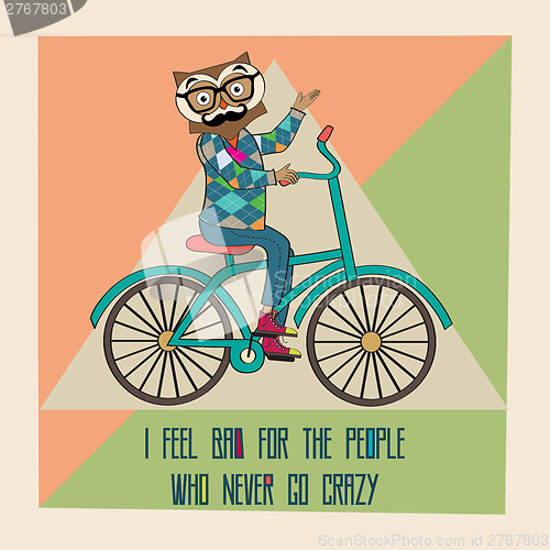 Image of Hipster poster with nerd owl riding bike