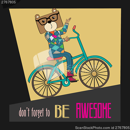 Image of Hipster poster with nerd bear riding bike