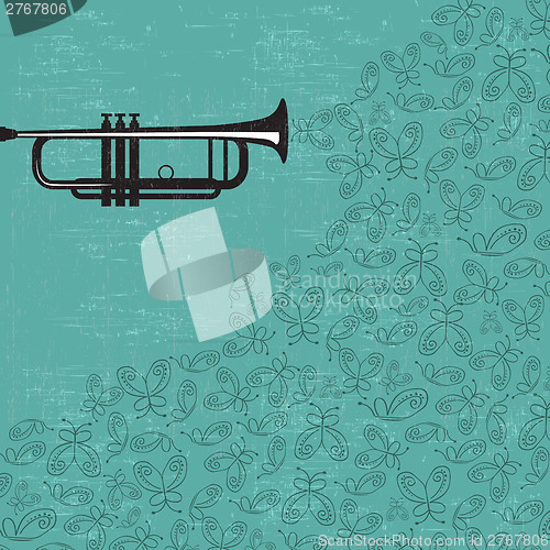 Image of Music background with trumpet and butterflies