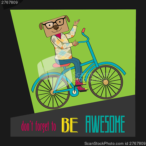 Image of Hipster poster with nerd dog riding bike