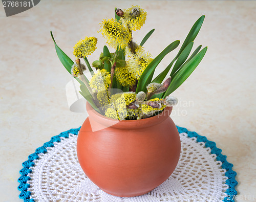 Image of Blossoming branches of a willow in a ceramic vase