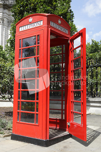 Image of red telephone box with the door open along cannon street london