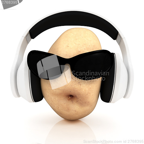Image of potato with sun glass and headphones front "face"
