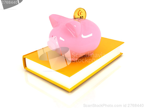 Image of Piggy Bank with a gold dollar coin on book.