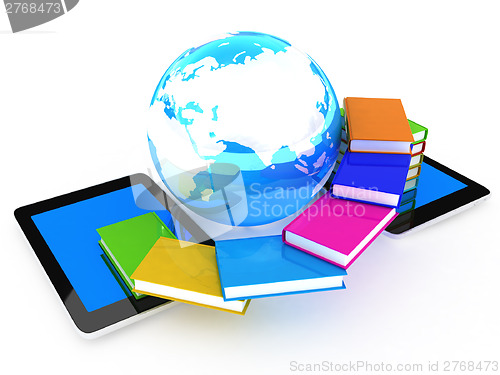 Image of tablet pc and earth with colorful real books