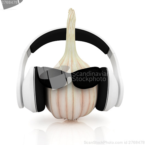 Image of Head of garlic with sun glass and headphones front "face"