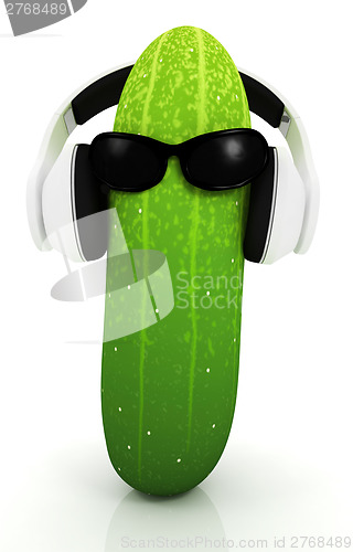 Image of cucumber with sun glass and headphones front "face"