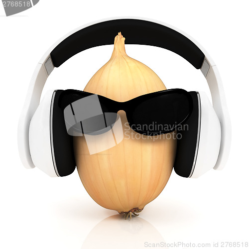 Image of Ripe onion with sun glass and headphones front "face"