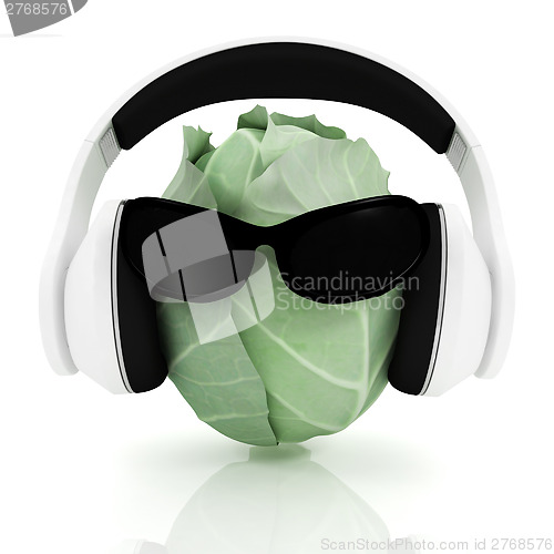 Image of Green cabbage with sun glass and headphones front "face"