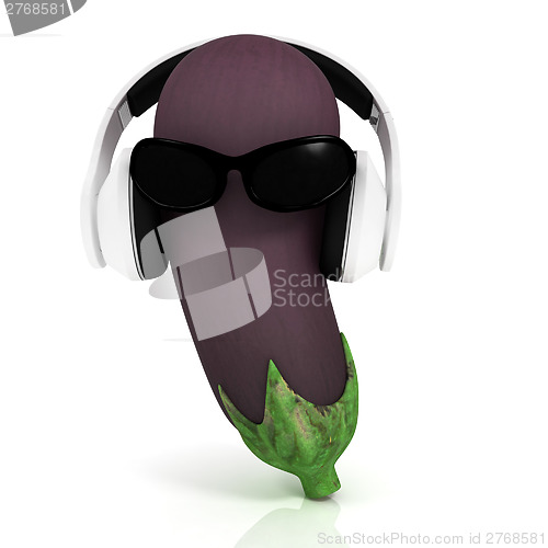 Image of eggplant  with sun glass and headphones front "face"