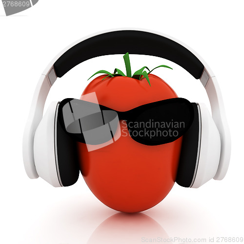 Image of tomato with sun glass and headphones front "face"