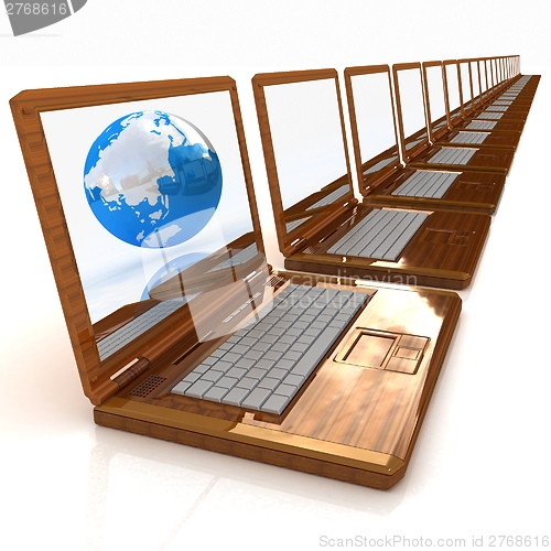 Image of Computer Network Online concept with Eco Wooden  Laptop and Eart