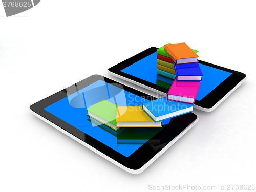 Image of tablet pc and colorful real books