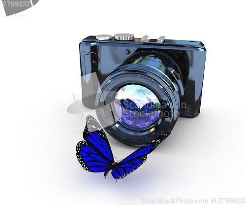 Image of 3d illustration of photographic camera and butterfly