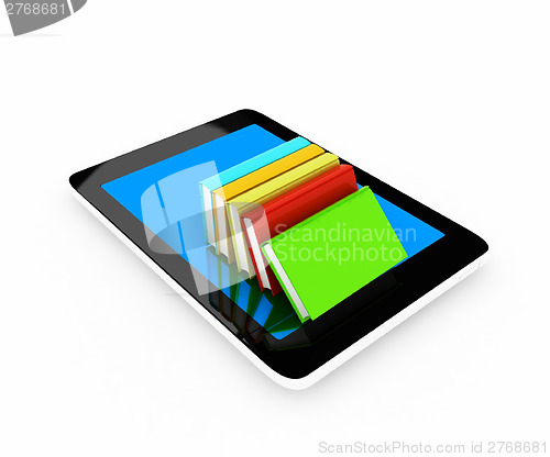 Image of tablet pc and colorful real books