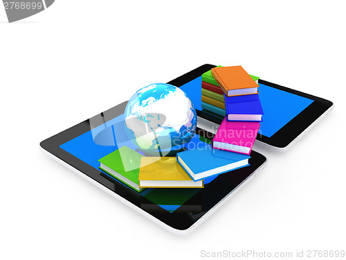 Image of tablet pc and earth with colorful real books