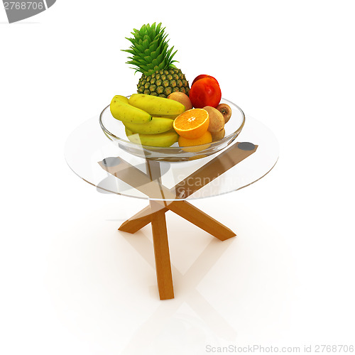 Image of Citrus in a glass dish on exotic glass table with wooden legs