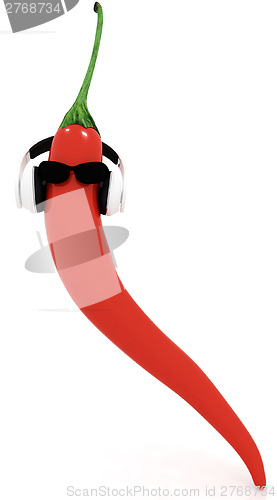 Image of chili pepper with sun glass and headphones front "face"