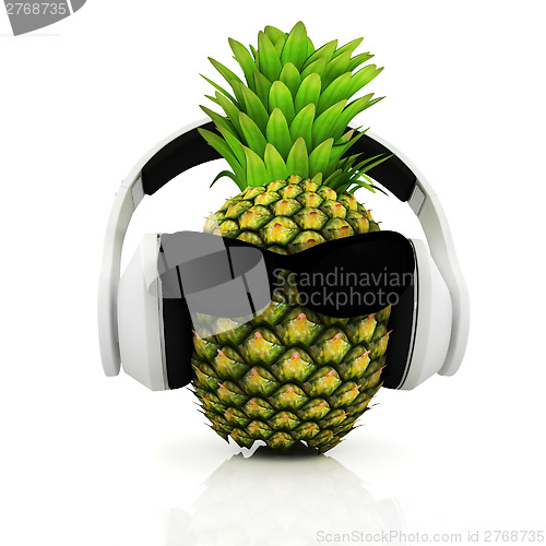 Image of Pineapple with sun glass and headphones front "face"