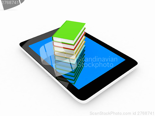 Image of tablet pc and colorful real books