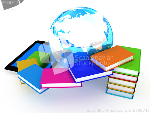 Image of tablet pc and earth with colorful real books