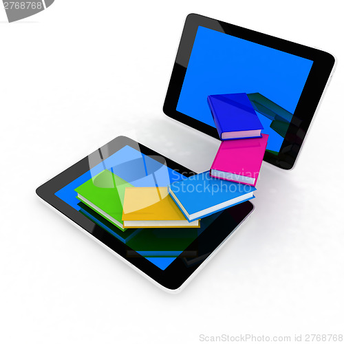 Image of tablet pc and colorful real books