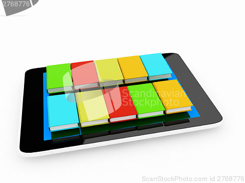 Image of tablet pc and colorful real books