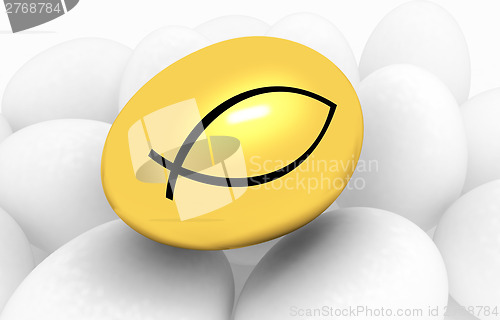 Image of Gold egg among the usual with a symbol of Christianity "ichthys"