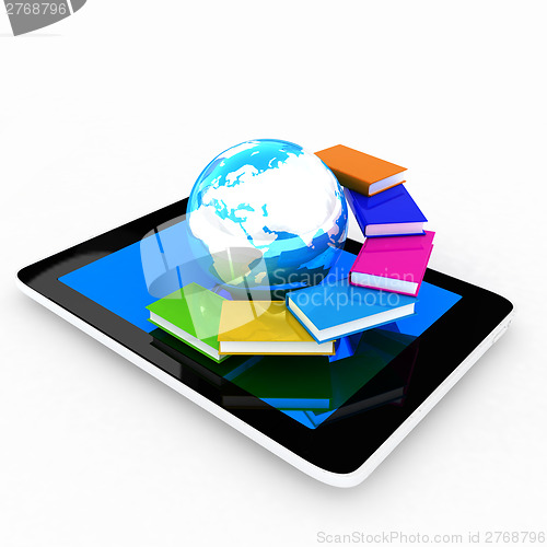 Image of tablet pc and earth with colorful real books