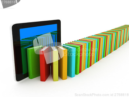 Image of tablet pc and colorful real books