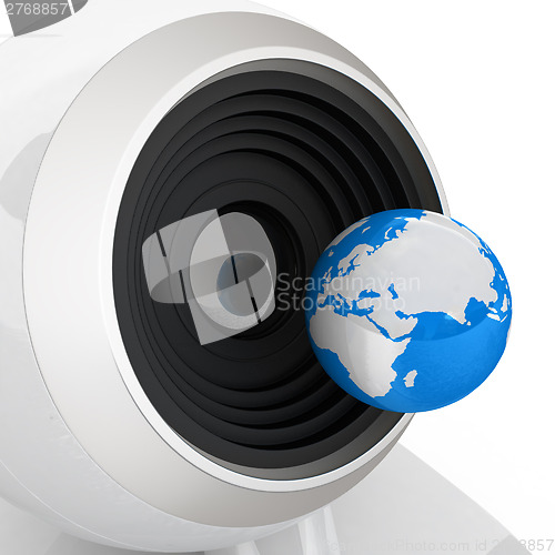 Image of Web-cam and earth. Global on line concept. Close-ap