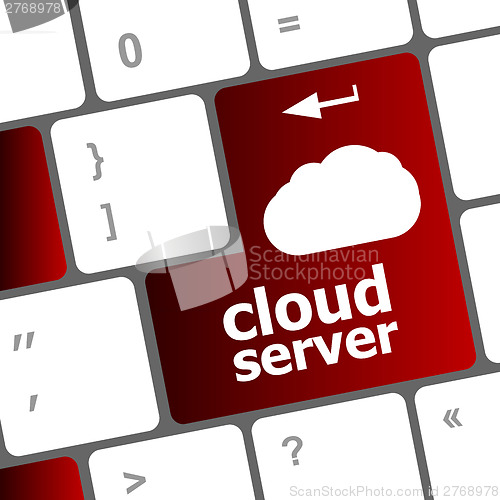 Image of cloud server words concept on blue button of the keyboard