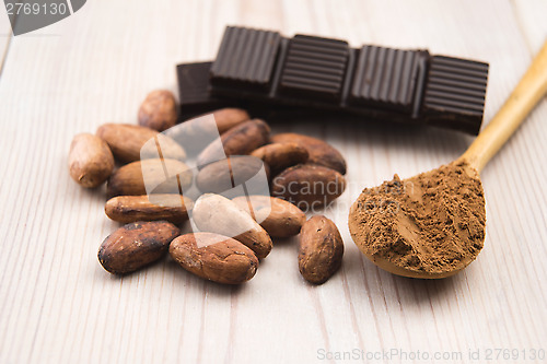 Image of Cocoa (cacao) beans with chocolate