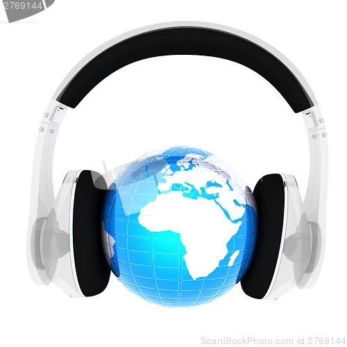 Image of Blue earth with headphones from transparent plastic. World music