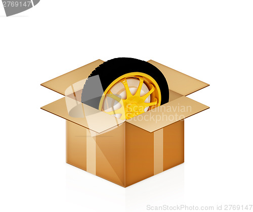 Image of 3d model car wheel in cardboard box