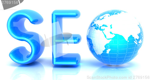 Image of 3d illustration of text 'SEO' with earth globe, symbol