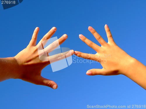 Image of Man's and female hands on a background of the blue sky