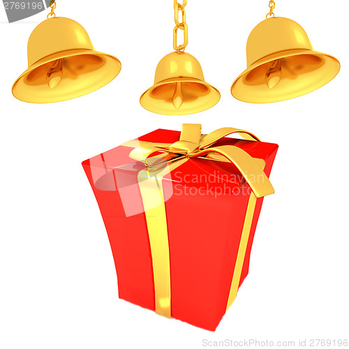 Image of Gold bell and red gift box with golden ribbon
