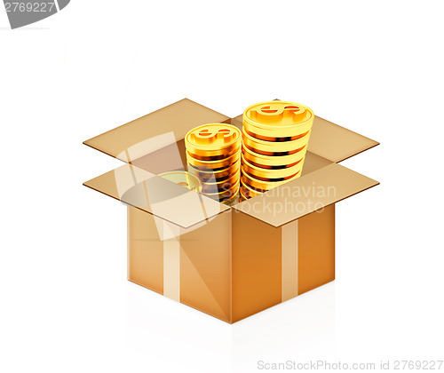 Image of Gold dollar coins in cardboard box