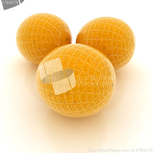 Image of Glossy ripe oranges on white background