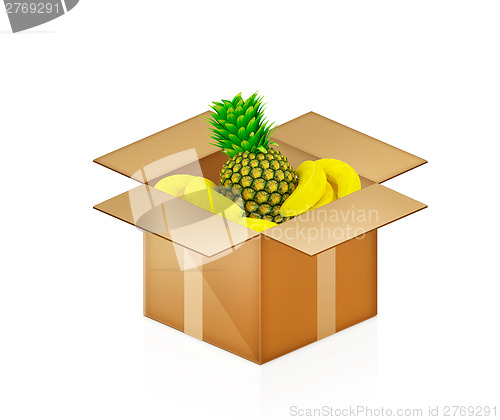 Image of pineapple and bananas in cardboard box