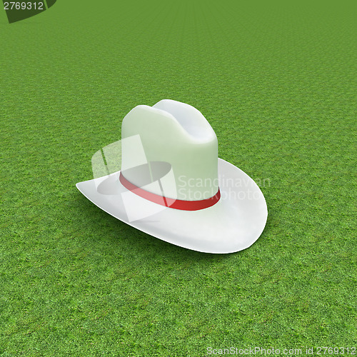 Image of White hat with a red ribbon on a green grass background