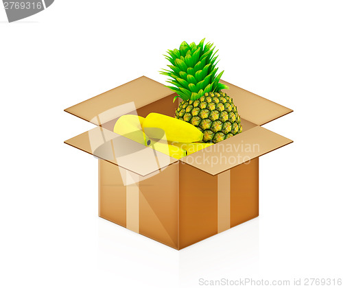 Image of pineapple and bananas in cardboard box