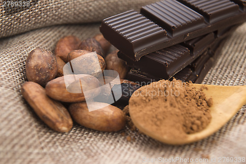 Image of Cocoa (cacao) beans with chocolate