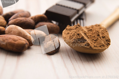 Image of Cocoa (cacao) beans with chocolate